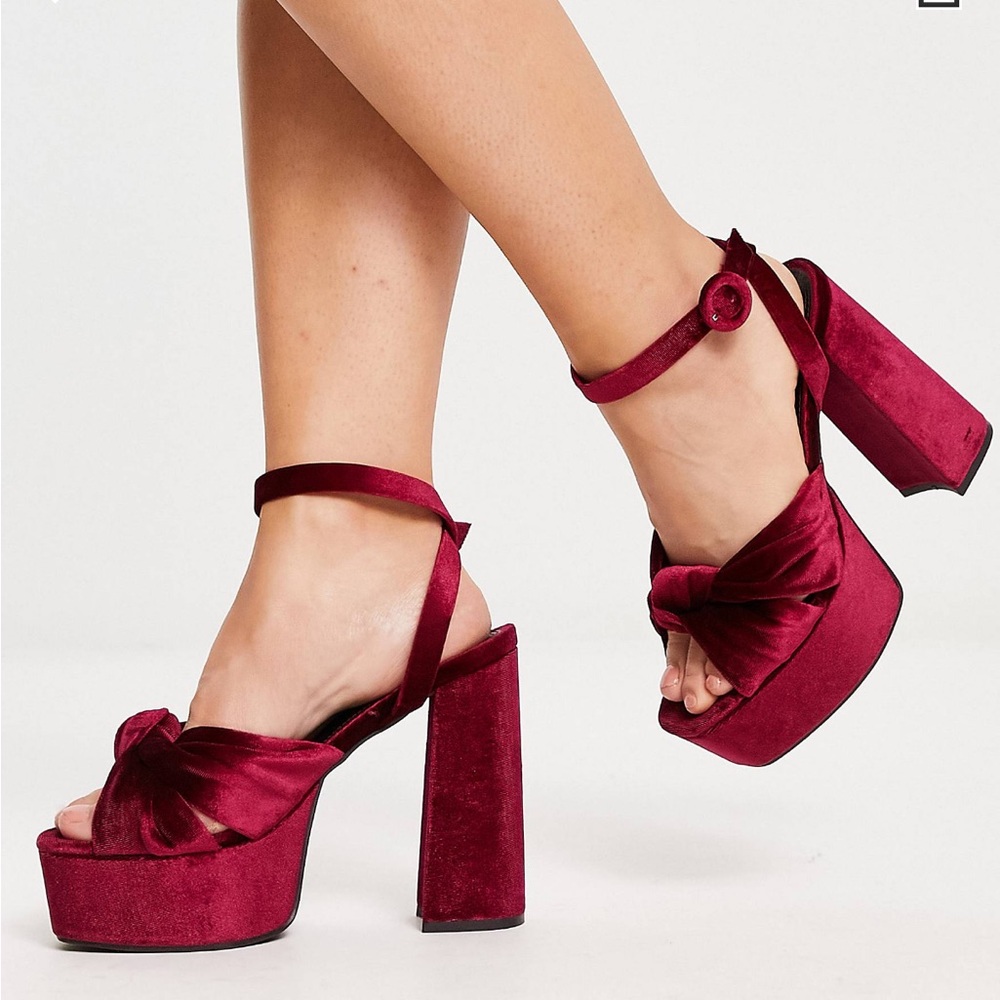 ASOS Design wide fit Natia knotted platform heeled sandal in burgundy.